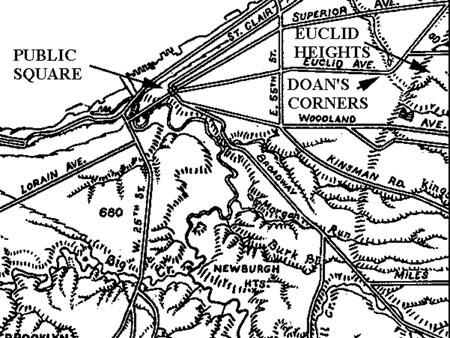 Map showing elative locations of Public Square, Doan's Corners and the Euclid Heights site