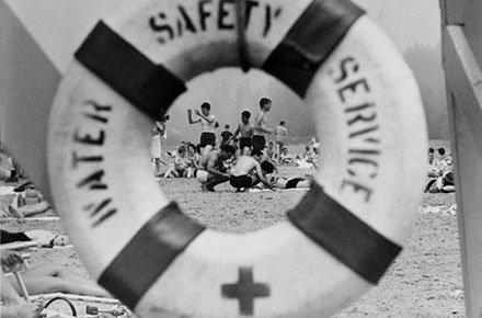 Mentor Headlands Beach viewed through life preserver, 1964.